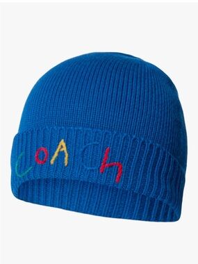 Coach Kids Blue Knit Beanie with Multicolor Logo